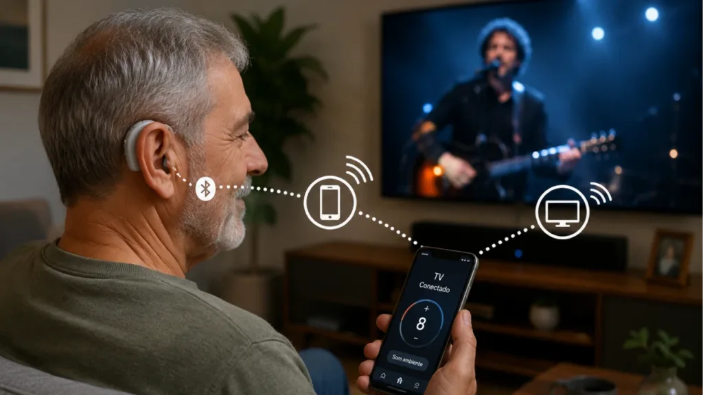 um idoso utilizando um aparelho auditivo bluetooth para escutar algo no celular ou na tv