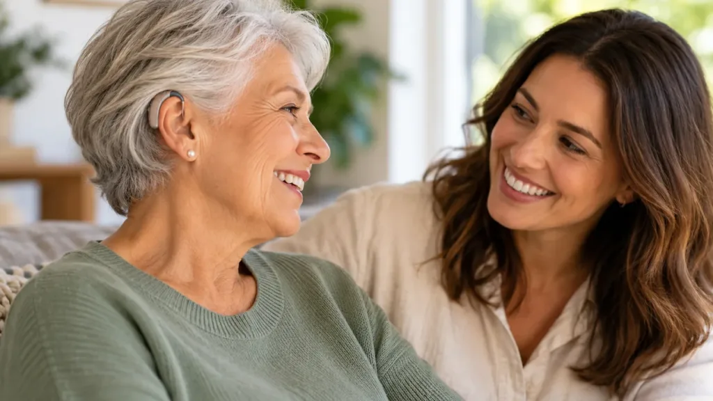 Mulher idosa usando aparelho auditivo enquanto conversa com uma familiar